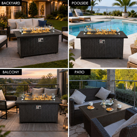 Kozyard outdoor propane fire pit table is designed for versatile outdoor living spaces including backyard conversation areas, poolside patios, apartment balconies and covered patios. The modern rectangular gray wicker gas fire table features a durable tabletop, clear glass wind guard and decorative fire glass, creating a stylish centerpiece for outdoor seating. Use this Kozyard patio fire pit table for entertaining, relaxing, outdoor conversations and adding warm fire ambiance to decks and gardens.