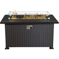 Kozyard rectangular propane fire pit table features a modern gray wicker cabinet, durable slatted aluminum tabletop, clear tempered glass wind guard and decorative fire glass surrounding the gas burner. The front-mounted ignition and adjustable flame control provide convenient operation while the enclosed base creates a clean outdoor furniture appearance. This Kozyard outdoor gas fire table is a stylish propane fire pit centerpiece for patios, decks, backyards, gardens and outdoor conversation seating areas
