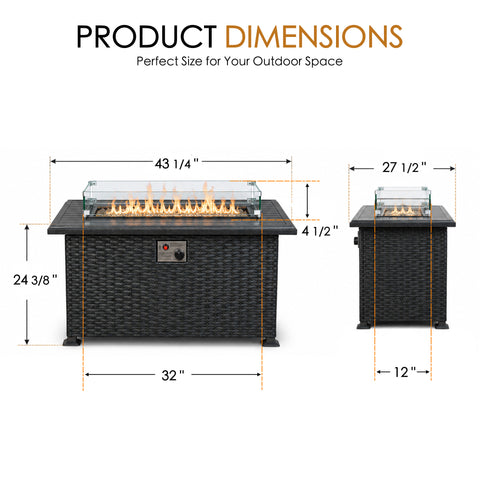 Kozyard outdoor propane fire pit table dimensions show a spacious 43 1/4 inch wide by 27 1/2 inch deep rectangular gas fire table with a 24 3/8 inch base height, 32 inch cabinet width and 12 inch cabinet depth. The clear glass wind guard adds approximately 4 1/2 inches above the tabletop. A practical size for patios, decks, backyards and outdoor conversation areas, this Kozyard fire table combines heat, tabletop space and modern patio furniture design.