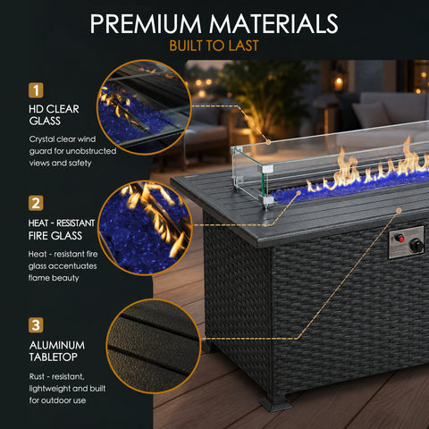 Kozyard propane fire pit table features premium outdoor materials including an HD clear glass wind guard for flame protection and unobstructed views, heat-resistant blue fire glass that enhances the natural gas flame appearance, and a durable rust-resistant aluminum tabletop. The modern gray wicker fire pit base creates a stylish outdoor gas fire table designed for backyard, patio and deck use, offering durability, weather resistance and contemporary outdoor living style.