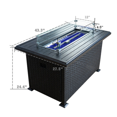 Kozyard 50,000 BTU Outdoor Wicker Patio Propane Gas Fire Pit Table w/Aluminum Tabletop, Glass Wind Guard, Clear Glass Rocks, Cover, Slide Out Tank Holder, and Lid (2 Color Options)
