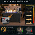 Kozyard adjustable propane fire pit table features easy flame height control from low to high, allowing customized warmth and ambiance for outdoor gatherings, patio dinners and relaxing evenings. The integrated ignition and control knob provide convenient operation, while built-in thermocouple flame failure safety protection automatically shuts off the gas supply if the flame goes out. A clean-burning outdoor gas fire table designed for safer, comfortable backyard and patio entertaining.