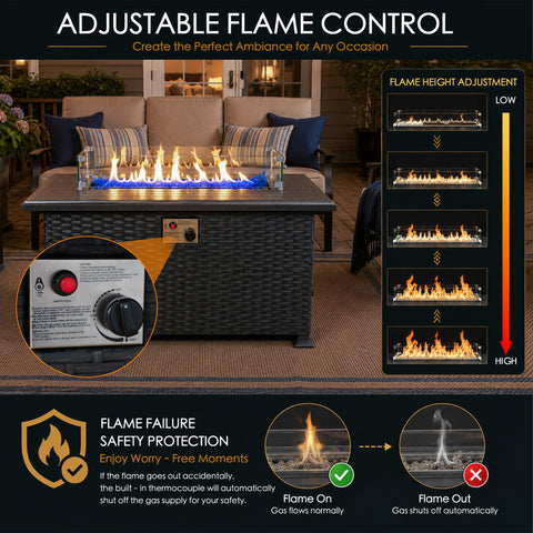 Kozyard adjustable propane fire pit table features easy flame height control from low to high, allowing customized warmth and ambiance for outdoor gatherings, patio dinners and relaxing evenings. The integrated ignition and control knob provide convenient operation, while built-in thermocouple flame failure safety protection automatically shuts off the gas supply if the flame goes out. A clean-burning outdoor gas fire table designed for safer, comfortable backyard and patio entertaining.
