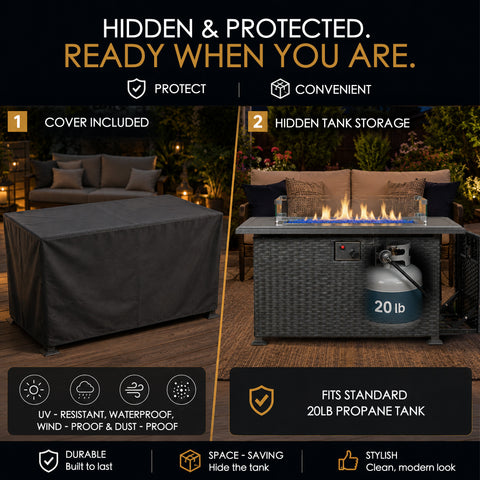 Kozyard propane fire pit table includes a protective outdoor cover and convenient hidden propane tank storage for a clean, space-saving patio setup. The weather-resistant cover helps protect the outdoor gas fire table from UV exposure, rain, wind and dust, while the concealed cabinet fits a standard 20 lb propane tank. This modern gray wicker patio fire pit table combines durable outdoor construction, convenient fuel storage and stylish furniture design for backyard, deck and patio spaces.