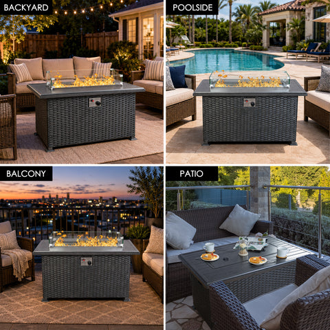 Kozyard outdoor propane fire pit table is designed for versatile outdoor living spaces including backyard conversation areas, poolside patios, apartment balconies and covered patios. The modern rectangular gray wicker gas fire table features a durable tabletop, clear glass wind guard and decorative fire glass, creating a stylish centerpiece for outdoor seating. Use this Kozyard patio fire pit table for entertaining, relaxing, outdoor conversations and adding warm fire ambiance to decks and gardens.