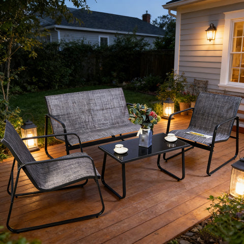 Kozyard 4-Piece Outdoor Patio Furniture Set with Textilene Chairs, Metal Conversation Set, Tempered Glass Coffee Table, Powder-Coated Steel Frame for Garden, Poolside, Backyard