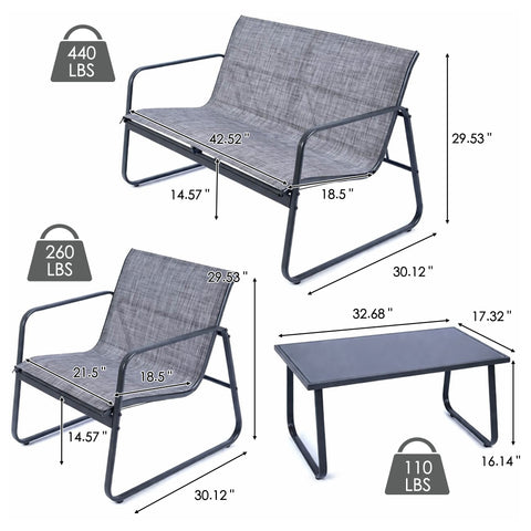 kozyard 4-Piece Outdoor Patio Set, 440 LBS Loveseat & 260 LBS Chair Capacity, Tempered Glass Table, Textilene Fabric & Steel Frame, Patio Furniture Dimensions Specs, outdoor patio furniture set dimensions diagram, loveseat arm chairs and glass coffee table with weight capacity and size specifications

