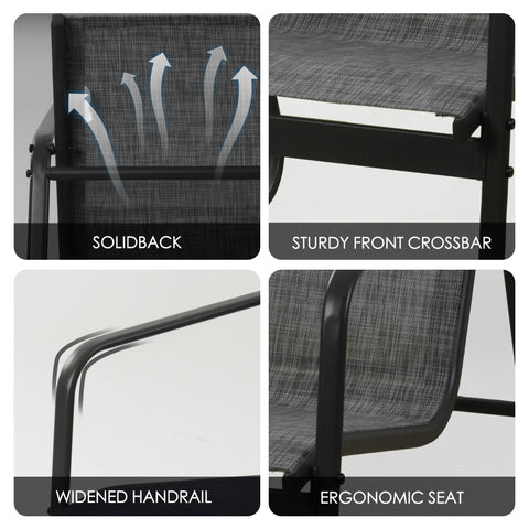 kozyard patio chair structural features diagram, solid back, widened handrail, sturdy crossbar and ergonomic seat for outdoor furniture set
