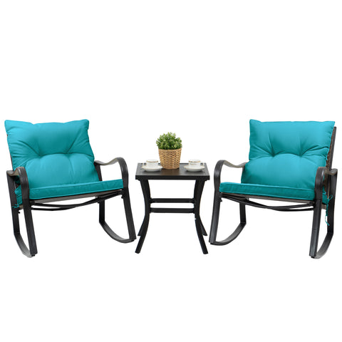  Teal Outdoor Rocking Chair Set with Side Table
Alt Text: Teal outdoor rocking chair set with cushioned seats and a black side table, featuring a potted plant and coffee cups, ideal for patio relaxation.
Keywords: outdoor rocking chair, teal cushions, patio furniture set, side table, garden seating, cushioned chairs, outdoor relaxation