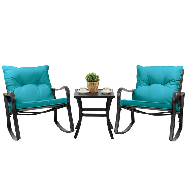  Teal Outdoor Rocking Chair Set with Side Table
Alt Text: Teal outdoor rocking chair set with cushioned seats and a black side table, featuring a potted plant and coffee cups, ideal for patio relaxation.
Keywords: outdoor rocking chair, teal cushions, patio furniture set, side table, garden seating, cushioned chairs, outdoor relaxation