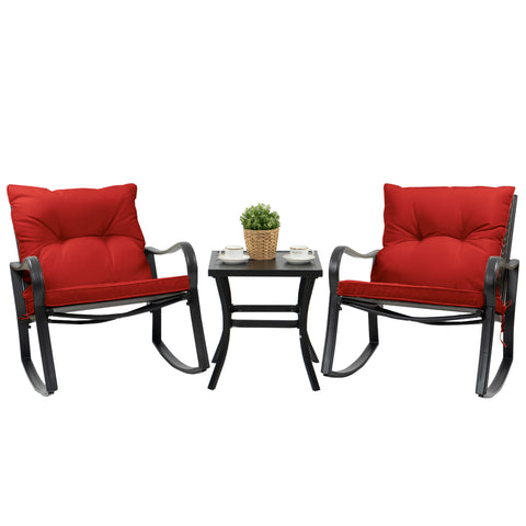 Outdoor Rocking Chair Set with Red 
A set of outdoor rocking chairs with vibrant red cushions, accompanied by a small black side table adorned with a plant and cups. Keywords: outdoor rocking chair set, red cushions, side table
