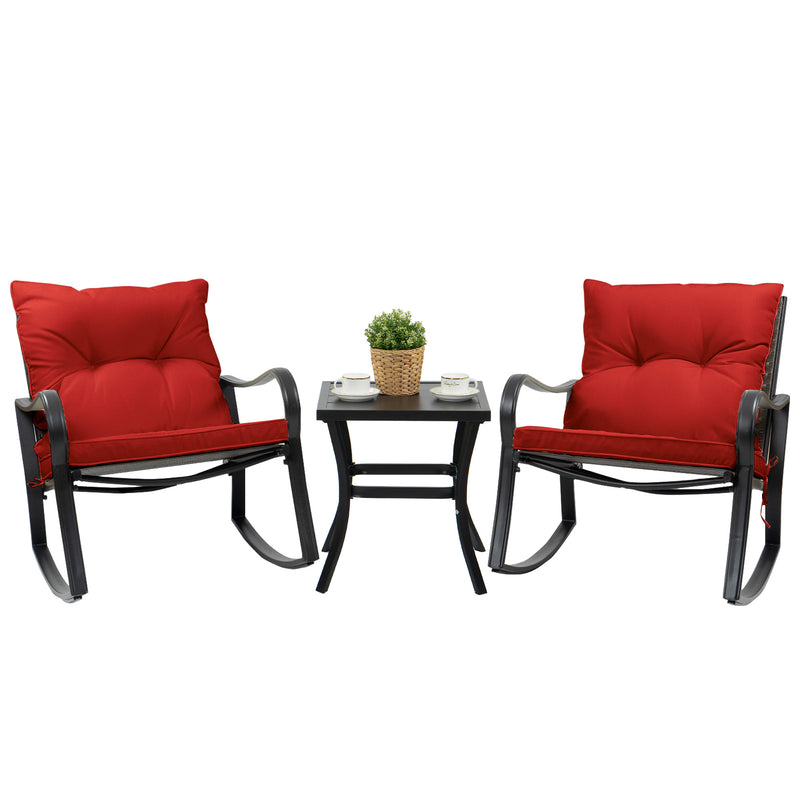 Outdoor Rocking Chair Set with Red 
A set of outdoor rocking chairs with vibrant red cushions, accompanied by a small black side table adorned with a plant and cups. Keywords: outdoor rocking chair set, red cushions, side table