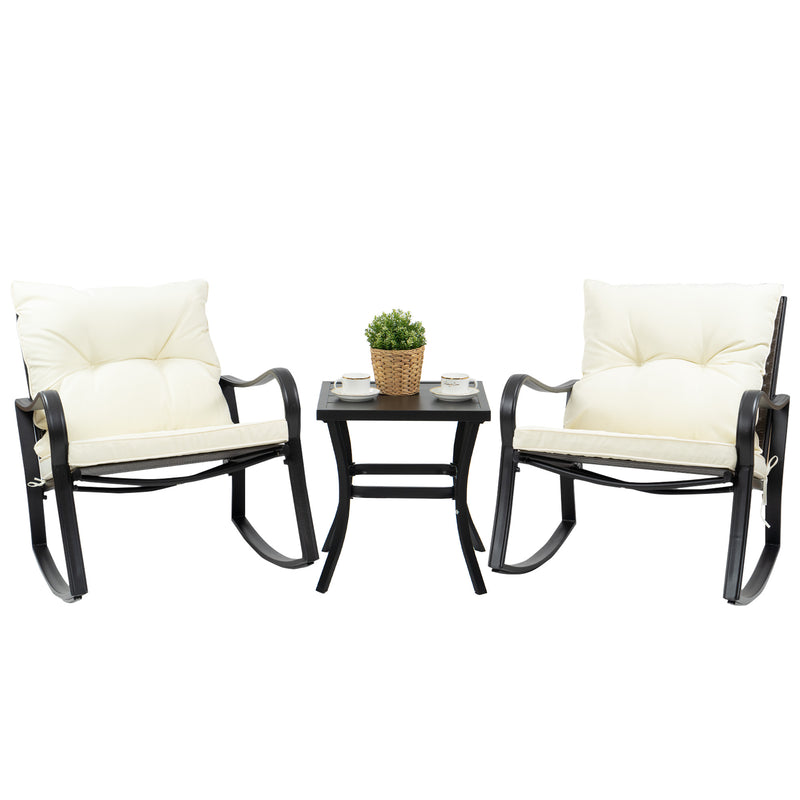 Outdoor Rocking Chair Set with Cream - colored Cushions
An outdoor rocking chair set featuring cream - colored cushions, accompanied by a small black side table decorated with a potted plant and cups. Keywords: outdoor rocking chair set, cream - colored cushions, side table