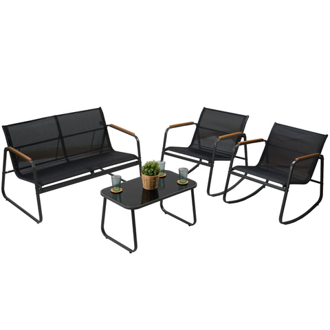 Kozyard Rocking Chair Set Outdoor Rocking Bistro Set with Wooden Armrests, Outdoor Patio Furniture Set with Glass Table