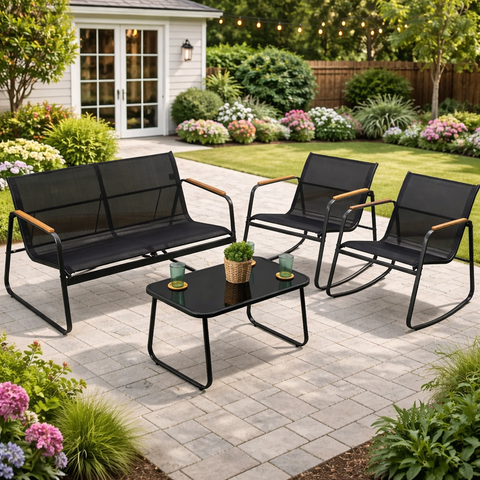 Kozyard 4-piece patio conversation set, outdoor furniture with loveseat, rocking chairs and coffee table, ergonomic curved design, breathable textilene fabric & rust-resistant metal frame, ideal for front yard relaxation
