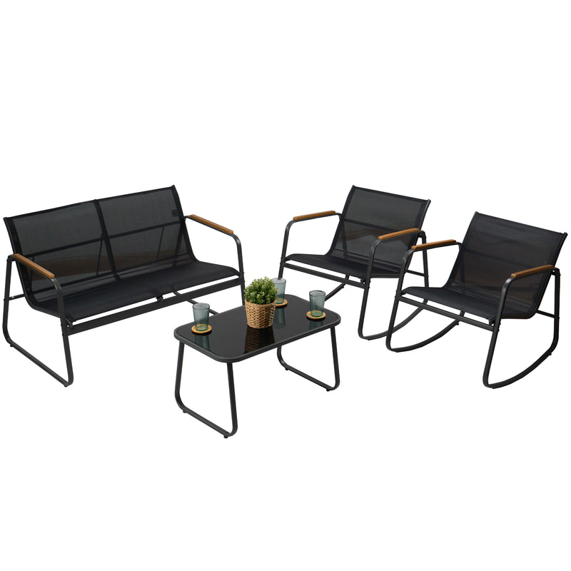 Kozyard Rocking Chair Set, Outdoor Rocking Bistro Set with Wooden Armrests, Outdoor Patio Furniture Set with Glass Table for Lawn, Porch, Yard, Garden, Balcony, Poolside