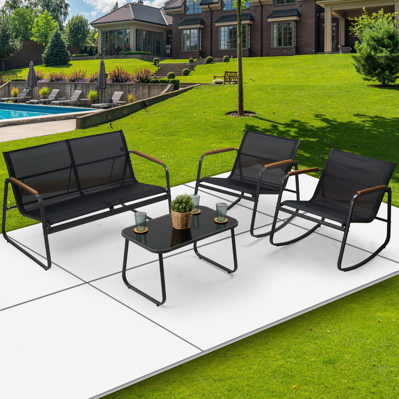 Outdoor Patio Furniture Set for Poolside Relaxation
A stylish outdoor patio furniture set including a loveseat, two rocking chairs, and a coffee table, placed on a patio by a pool with a luxurious home in the background. Keywords: outdoor patio furniture, poolside, patio set