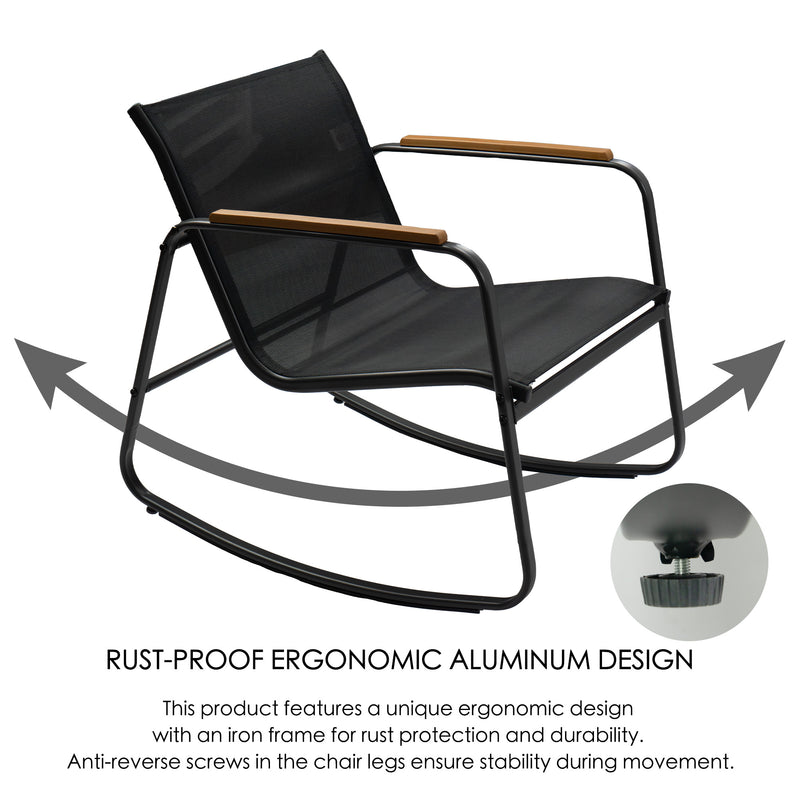 Kozyard Rocking Chair Set, Outdoor Rocking Bistro Set with Wooden Armrests, Outdoor Patio Furniture Set with Glass Table for Lawn, Porch, Yard, Garden, Balcony, Poolside