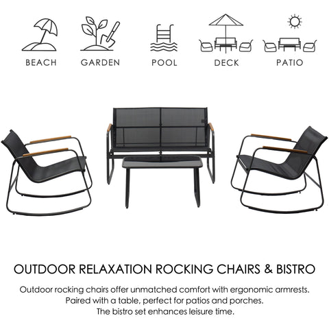 Kozyard Rocking Chair Set Outdoor Rocking Bistro Set with Wooden Armrests, Outdoor Patio Furniture Set with Glass Table