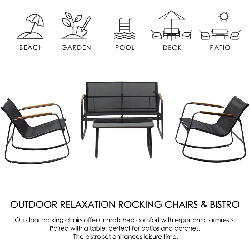 Kozyard Rocking Chair Set, Outdoor Rocking Bistro Set with Wooden Armrests, Outdoor Patio Furniture Set with Glass Table for Lawn, Porch, Yard, Garden, Balcony, Poolside