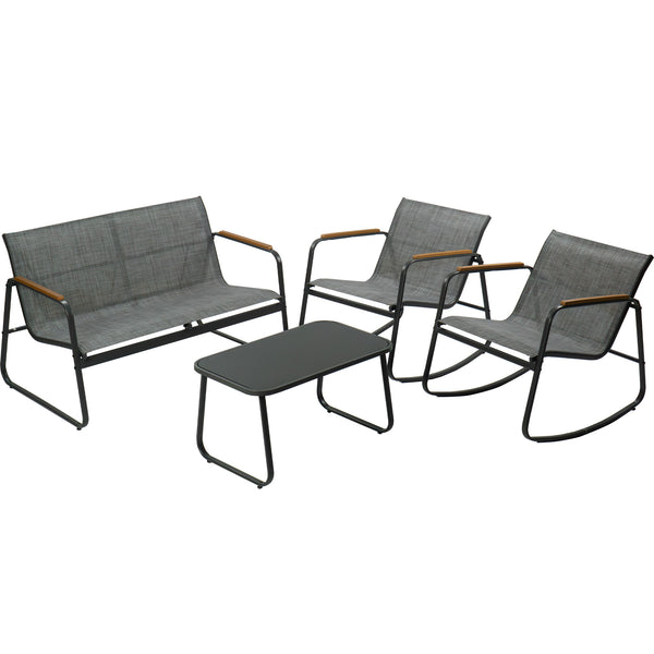  Modern Outdoor Patio Furniture Set with Sofa, Chairs, and Coffee Table
Alt Text: Modern outdoor patio furniture set featuring a grey sofa, two rocking chairs with wooden armrests, and a sleek black coffee table, perfect for garden or backyard relaxation.
Keywords: outdoor furniture, patio set, modern sofa, rocking chairs, coffee table, garden decor, backyard seating