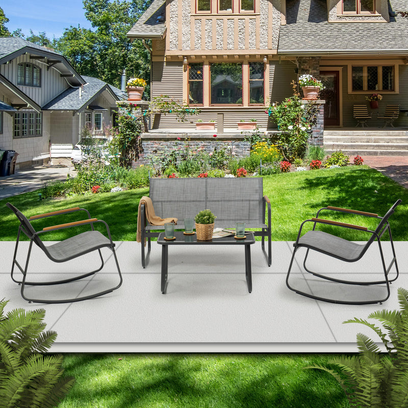 Modern Outdoor Seating Set in Urban Patio
A modern outdoor seating set including two chairs, a loveseat, and a coffee table, arranged on an urban patio with greenery in the background. Keywords: outdoor seating set, modern patio furniture, urban patio