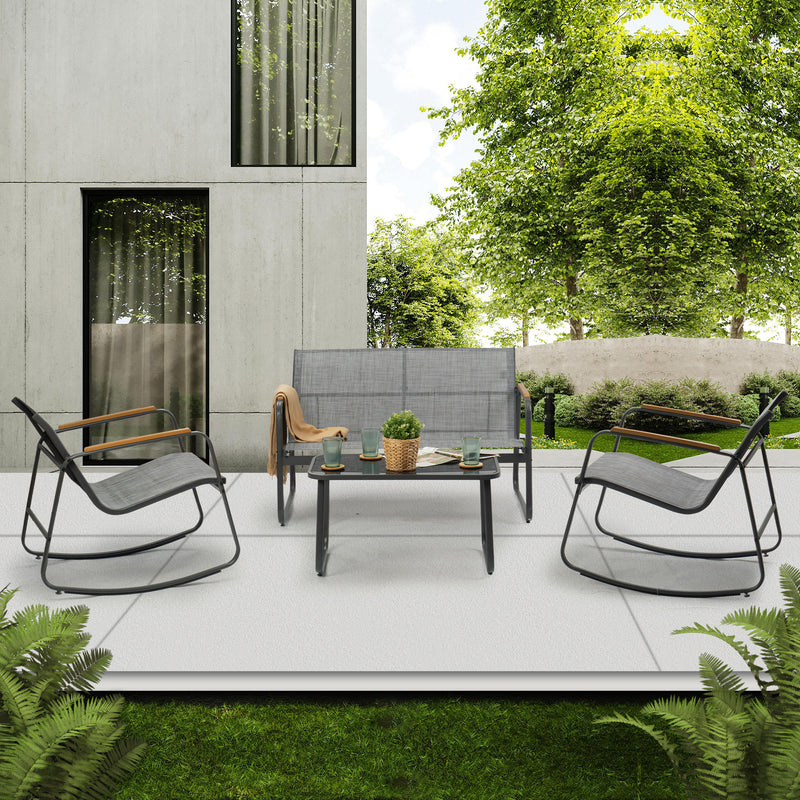 Modern Outdoor Seating Set in Urban Patio
A modern outdoor seating set including two chairs, a loveseat, and a coffee table, arranged on an urban patio with greenery in the background. Keywords: outdoor seating set, modern patio furniture, urban patio