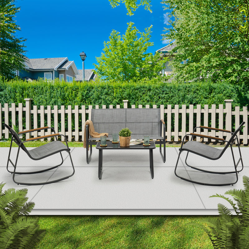 Outdoor Patio Furniture Set in Suburban Garden
A cozy outdoor patio furniture set with two rocking chairs, a loveseat, and a coffee table, set against a backdrop of a white picket fence, lush greenery, and suburban homes. Keywords: outdoor patio furniture, suburban garden, patio set