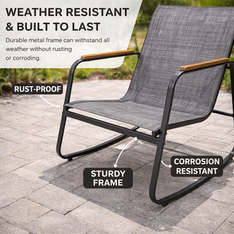 Kozyard weather-resistant outdoor rocking chair, rust-proof & corrosion-resistant metal frame, durable construction for all-season use, breathable textilene fabric with wooden armrests
