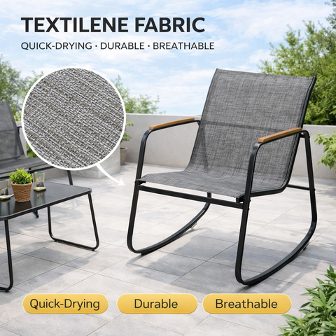 Kozyard outdoor patio chair with quick-drying textilene fabric, breathable, durable and long-lasting material, ergonomic rocking design with sturdy metal frame and wooden armrests
