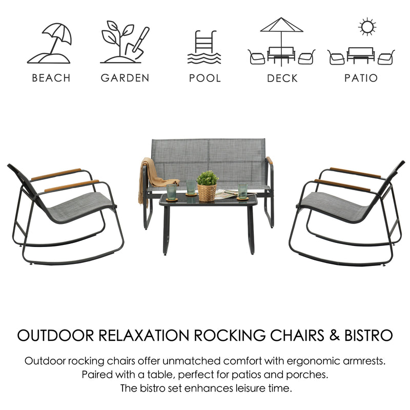 Outdoor Relaxation Rocking Chair and Bistro Set for Multiple Settings
An outdoor rocking chair and bistro set, ideal for various locations like beach, garden, pool, deck, and patio. The rocking chairs feature ergonomic armrests for comfort, enhancing leisure time. Keywords: outdoor rocking chairs, bistro set, ergonomic armrests, outdoor leisure