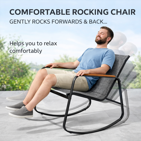 Kozyard comfortable outdoor rocking chair, gently rocks for relaxation, ergonomic curved seating, breathable textilene fabric & sturdy metal frame with wooden armrests
