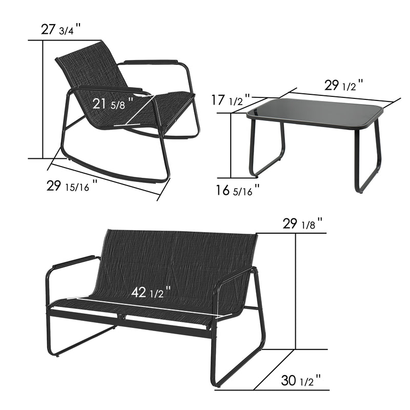 Outdoor Furniture Dimensions - Rocking Chair, Loveseat and Coffee Table
Dimensions of an outdoor rocking chair, loveseat and coffee table, providing clear measurements for each piece. Keywords: outdoor furniture dimensions, rocking chair dimensions, loveseat dimensions, coffee table dimensions
