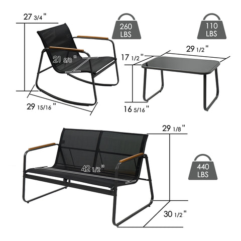 kozyard 4-Piece Outdoor Patio Set, 440 LBS Loveseat & 260 LBS Rocking Chair Capacity, Tempered Glass Table, Textilene Fabric & Steel Frame, Patio Furniture Specs
