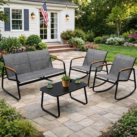 kozyard 4-Piece Outdoor Patio Conversation Set, Textilene Loveseat & Rocking Chairs with Glass Coffee Table, Rust-Proof Steel Frame & Weather-Resistant Furniture for Backyard Relaxation
