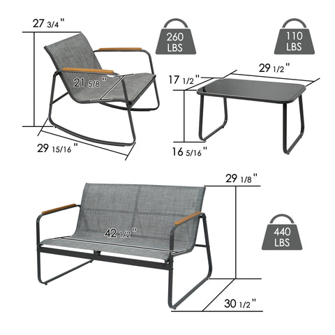kozyard 4-Piece Outdoor Patio Set, 440 LBS Loveseat & 260 LBS Rocking Chair Capacity, Tempered Glass Table, Textilene Fabric & Steel Frame, Patio Furniture Specs
