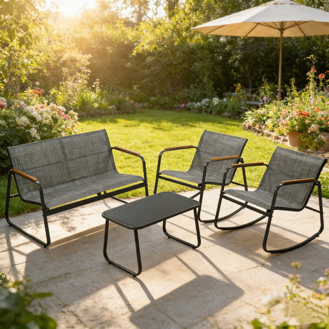 kozyard 4-Piece Outdoor Conversation Set, Textilene Seating with Teak-Colored Armrests & Glass Coffee Table, Rust-Proof Steel Frame for Garden, Patio & Backyard Gatherings
