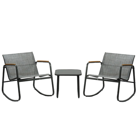 Kozyard Rocking Chair Set Outdoor Rocking Bistro Set with Wooden Armrests, Outdoor Patio Furniture Set with Glass Table