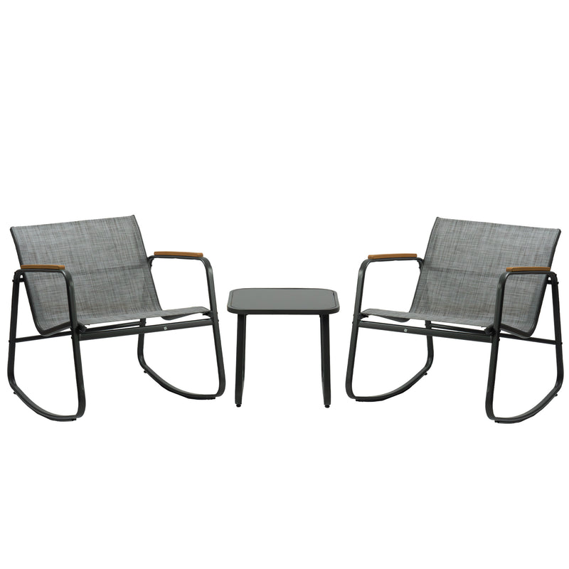 Kozyard Rocking Chair Set, Outdoor Rocking Bistro Set with Wooden Armrests, Outdoor Patio Furniture Set with Glass Table for Lawn, Porch, Yard, Garden, Balcony, Poolside
