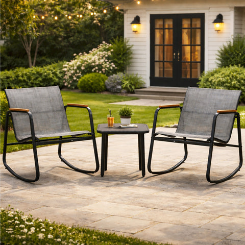 Kozyard 3 Piece Rocking Chair Set, Outdoor Rocking Textilene Bistro Set with Wooden Armrests, Outdoor Patio Furniture Set with Glass Table for Lawn,