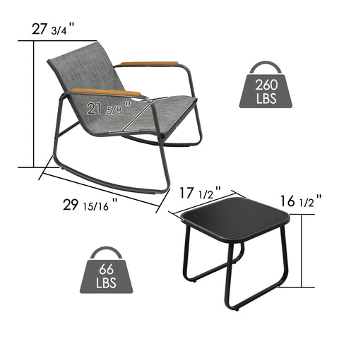 kozyard Outdoor Rocking Chair Set, 260 LBS Capacity Chair & 66 LBS Capacity Side Table, All-Weather Textilene Seating with Tempered Glass Top, Patio Bistro Furniture Specs
