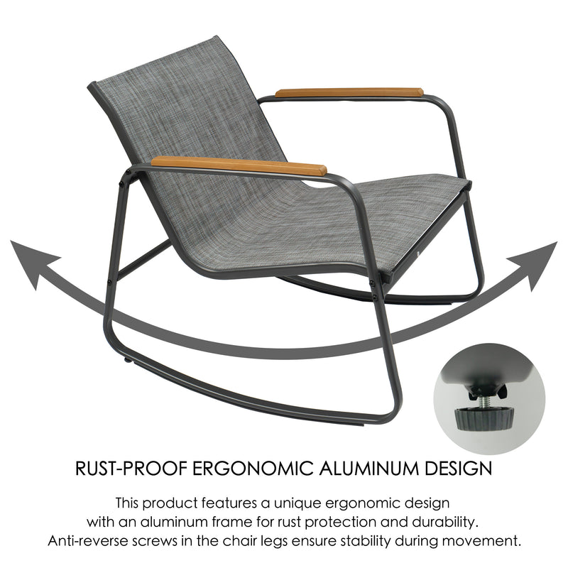 Kozyard Rocking Chair Set, Outdoor Rocking Bistro Set with Wooden Armrests, Outdoor Patio Furniture Set with Glass Table for Lawn, Porch, Yard, Garden, Balcony, Poolside