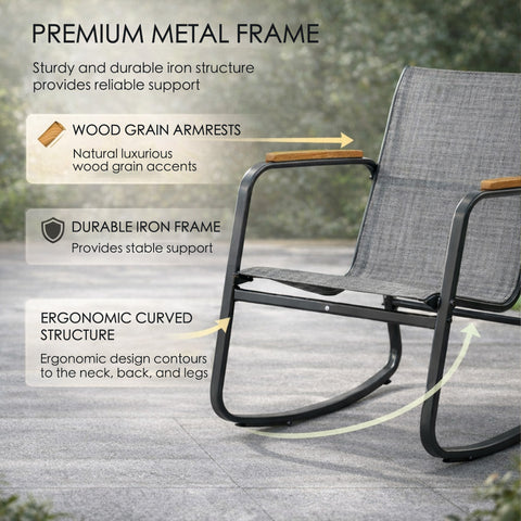kozyard Patio Bistro Set, Premium Metal Frame with Wood Grain Armrests, Ergonomic Curved Structure for Stable Support, Textilene Rocking Chairs & Glass Side Table
