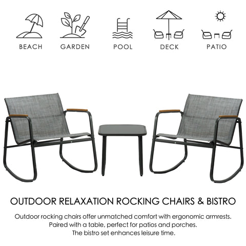 Kozyard Rocking Chair Set Outdoor Rocking Bistro Set with Wooden Armrests, Outdoor Patio Furniture Set with Glass Table