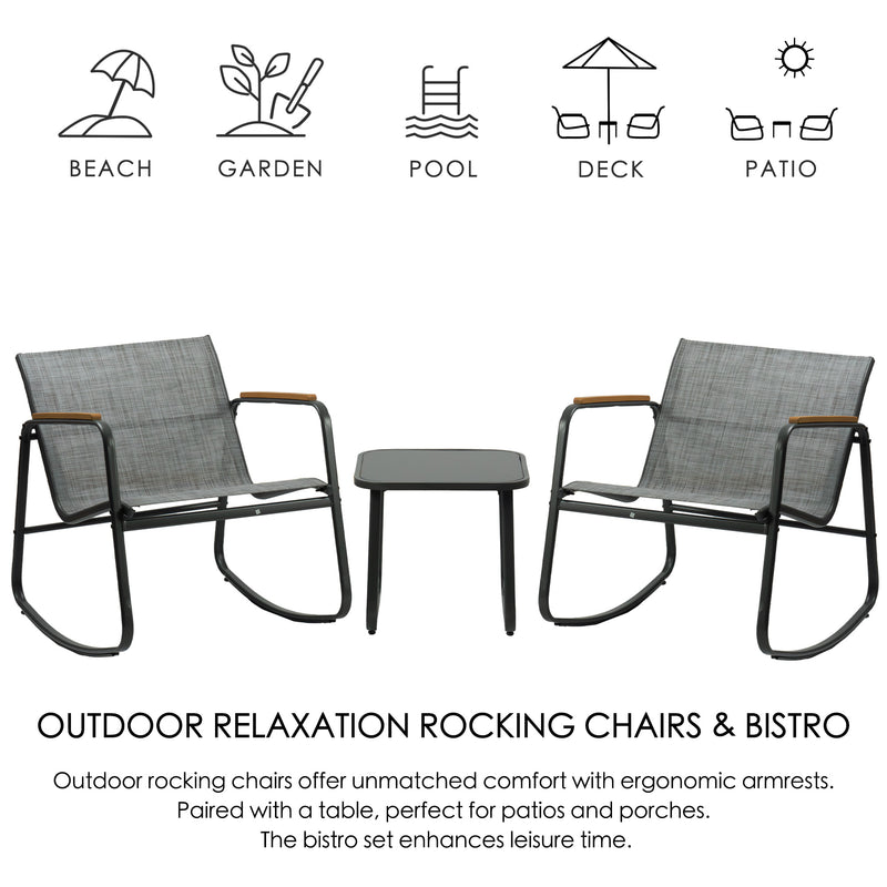 Kozyard Rocking Chair Set, Outdoor Rocking Bistro Set with Wooden Armrests, Outdoor Patio Furniture Set with Glass Table for Lawn, Porch, Yard, Garden, Balcony, Poolside