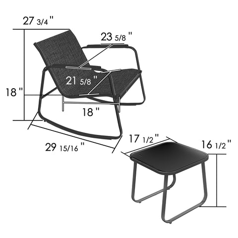 Kozyard 3 Piece Rocking Chair Set, Outdoor Rocking Textilene Bistro Set with Wooden Armrests, Outdoor Patio Furniture Set with Glass Table for Lawn, Porch, Yard, Garden, Balcony, Poolside