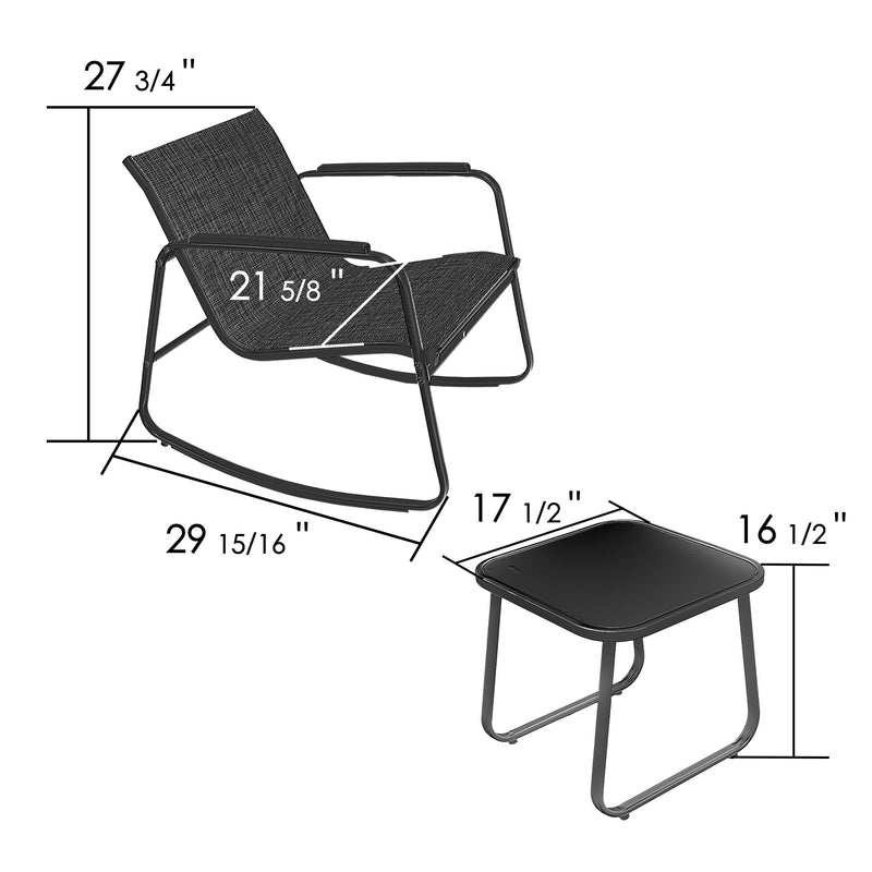 Kozyard Rocking Chair Set, Outdoor Rocking Bistro Set with Wooden Armrests, Outdoor Patio Furniture Set with Glass Table for Lawn, Porch, Yard, Garden, Balcony, Poolside