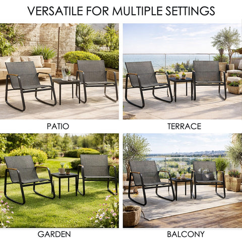 kozyard Versatile 3-Piece Patio Set, Suitable for Patio, Terrace, Garden & Balcony, Textilene Rocking Chairs with Tempered Glass Table, All-Weather Outdoor Furniture
