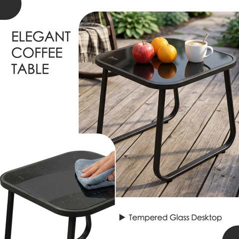 kozyard Patio Side Table, Elegant Tempered Glass Desktop Easy to Clean, Sturdy Metal Frame, Part of 3-Piece Outdoor Rocking Bistro Set with Textilene Chairs
