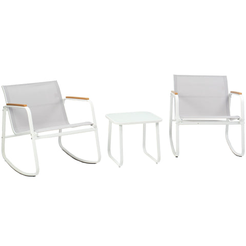 White Outdoor Rocking Chair and Table Set
A set of white outdoor rocking chairs with wooden armrests, accompanied by a white side table, suitable for outdoor relaxation. Keywords: white outdoor rocking chairs, wooden armrests, outdoor side table